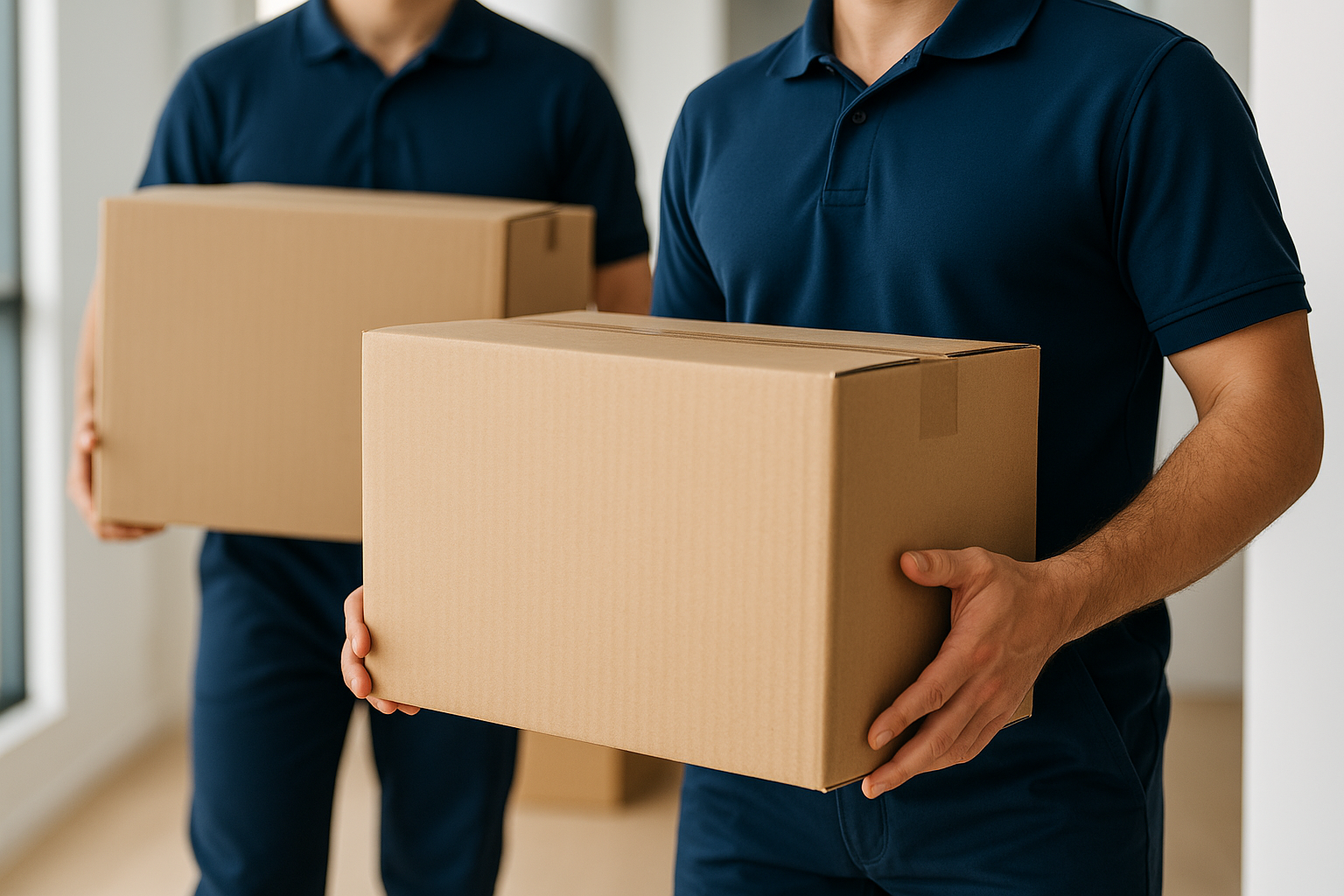 Déménageurs professionnels transportant des cartons - Famille heureuse devant leur nouveau logement